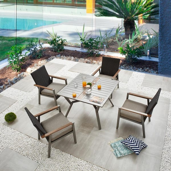 Patio Festival Thermal Transfer 5-Piece Wicker Patio Conversation Set with Khaki Cushions