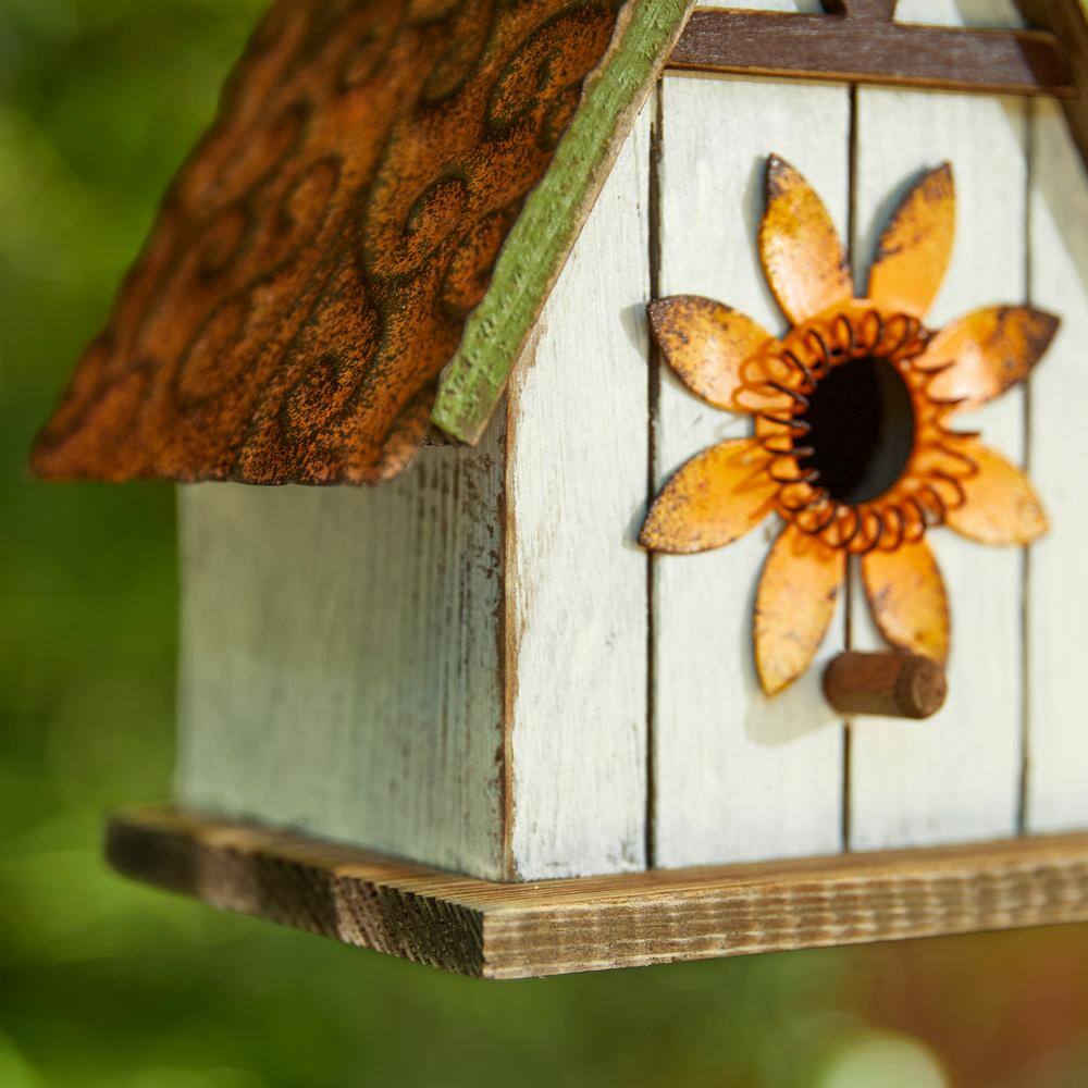 Distressed White and Brown Solid Wood Birdhouse with 3D Metal Flower