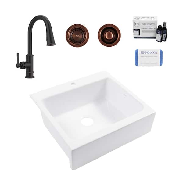 SINKOLOGY Josephine 26 in. 1-Hole Quick-Fit Farmhouse Apron Front Drop-in Single Bowl White Fireclay Kitchen Sink with Bronze Kit