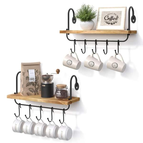 2-Set 17 in. W x 5.9 in. D Floating Wall Shelves with 10 Adjustable Hooks for Coffee Bar Decor, Carbonized Black