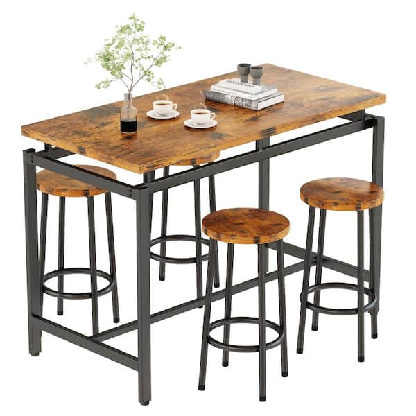 mieres 5-Piece Industrial Rustic Brown Rectangle Wood Top Dining Set, Home Kitchen Counter Height Dining Set