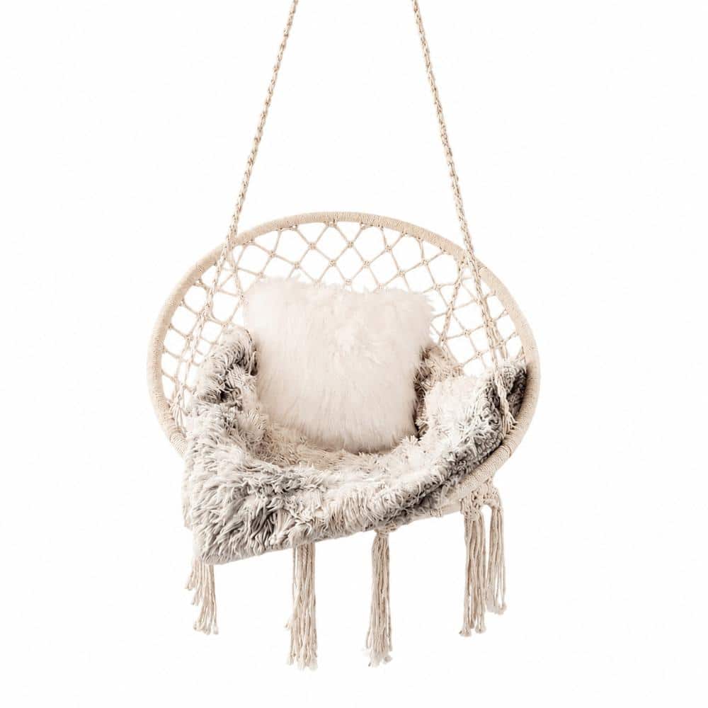 Macrame Cotton Rope Hanging Swing Chair with LED Lights and Hardware Kit, 550 lb Capacity, 32 x 32