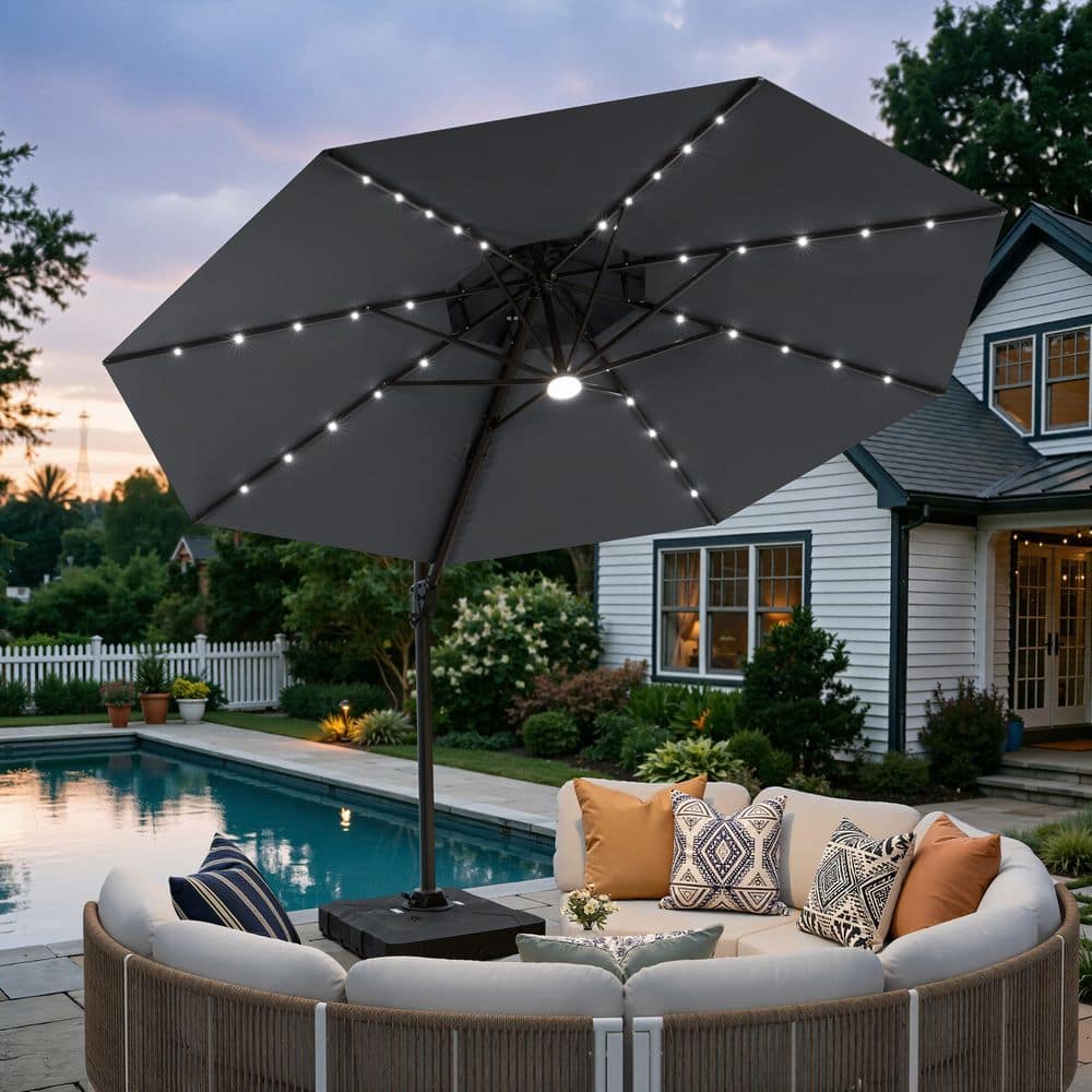 11 ft. Octagon Outdoor Cantilever Umbrella w/ Solar Lights & 350 lb. Wheeled Base Double Top Patio Umbrella in Dark Gray price history on PriceWatchPro