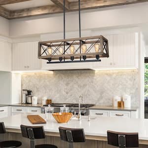 Wood Chandelier 5-Light Farmhouse Black Linear Rectangular Chandelier Island Kitchen Dining Room Chandelier