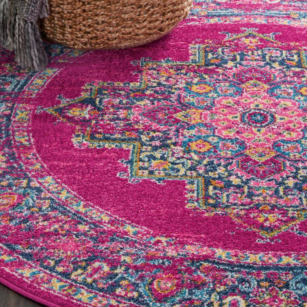 Bohemian Bliss Blue Floral Round Synthetic Easy-Care Rug, 5'3"