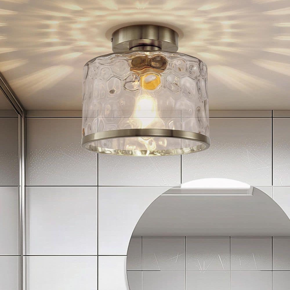 9 in. 1-Light Brushed Nickel Metal Semi-Flush Mount with Water Glass Shade for Hallway and No Bulbs Included 1-Pack price history on PriceWatchPro