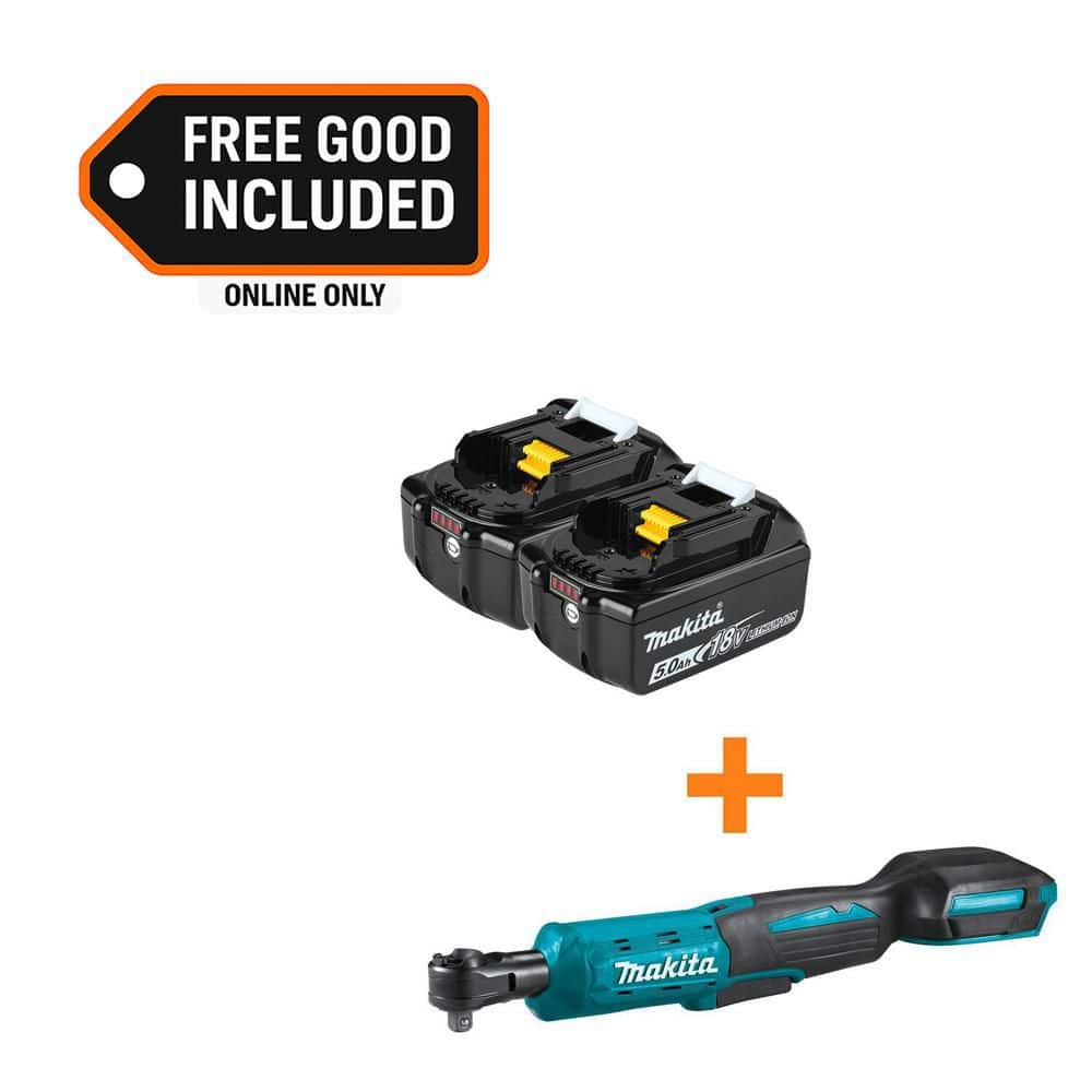 MAKITA 18V LXT Lithium-Ion Battery Pack 5.0 Ah with LED Charge Level (2-Pack) with 3/8 in./1/4 in. 18V LXT Square Drive Ratchet (BL1850B2-XRW01Z)