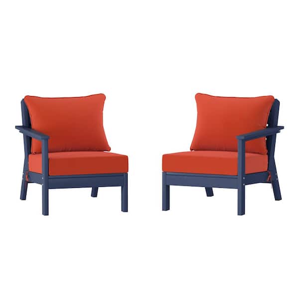WESTIN OUTDOOR Birchwood Navy Blue Arrangeable Outdoor Patio 2-Piece Deep Seating HDPE Loveseat Arm Chair Set with Orange Cushions