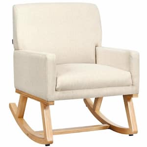 Wooden Upholstered Armchair Outdoor Rocking Chair with Beige Cushion