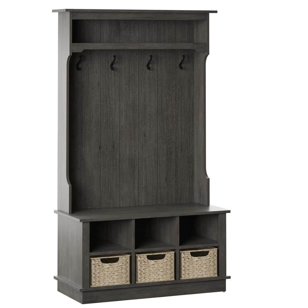 Weathered Gray Hall Tree with Woven Basket Storage