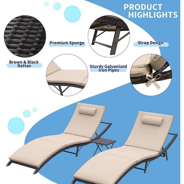 3-Piece Wicker Outdoor Adjustable Chaise Lounge with Cushion Sand
