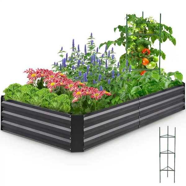 6 x 3 x 1 ft. Rectangular Dark Grey Metal Outdoor Planter Box, Raised Garden Bed for Vegetables, Include Tomato Cage