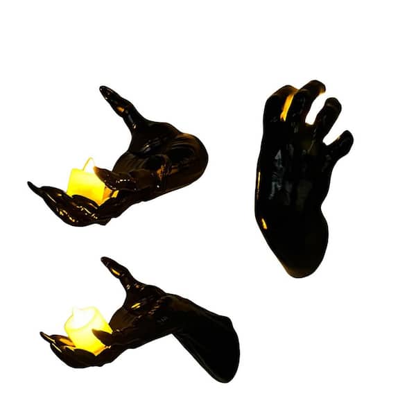 3-Piece Wall Mounted Creepy Reaching Hands with Lighted Candles, Life-Sized Horror Hands, Halloween Decorations