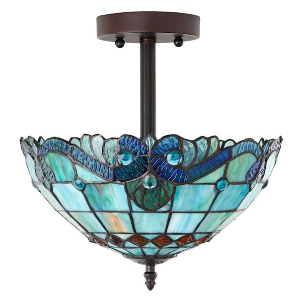 Cecilia 13 in. Bronze Bowl Semi-Flushmount Ceiling Light with Blue Stained Glass Shade