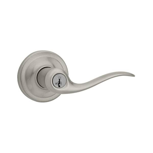 Kwikset Tustin Satin Nickel Classic Entry Door Handle featuring SmartKey Security