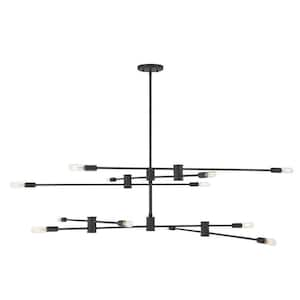 Lyrique 54.25 in. W x 15 in. H 12-Light Matte Black Linear Tiered Chandelier with Adjustable Arms