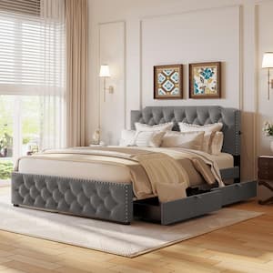 Button-Tufted Gray Wood Frame Queen Size Linen Upholstered Platform Bed with 2-Drawer, USB Ports, Nailhead Trim