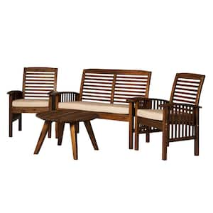 Dark Brown 4 Piece Acacia Wood Patio Conversation Set with Ivory Cushions