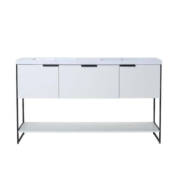 EPOWP 59.1 in. W x 18.3 in. D x 34.3 in. H Bath Vanity in White with White Granite Top