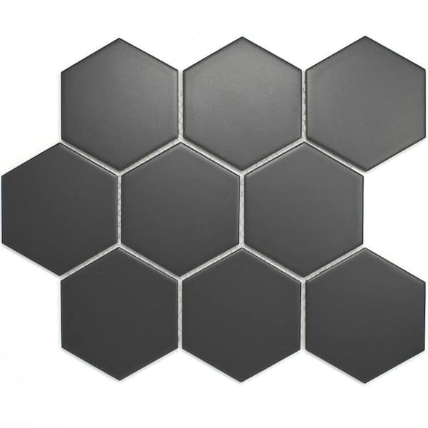MOLOVO Porcetile Gray Black 10.08 in. x 11.64 in. Hexagon Matte Porcelain Mosaic Wall and Floor Tile (9.02 sq. ft./Case)