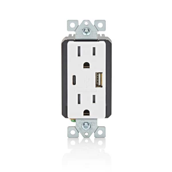 Leviton Decora White 15 Amp Tamper Resistant Duplex Outlet with USB Charger Type A/C 3.6 Amp 18-Watt Outlet 1-Pack (T5638-BW)