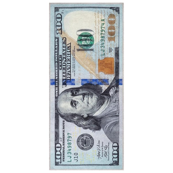100 Dollar Bill Collection Green/Gray 2 x 4 Money Rug, 22 in. x 53 in., Cotton Area Rug
