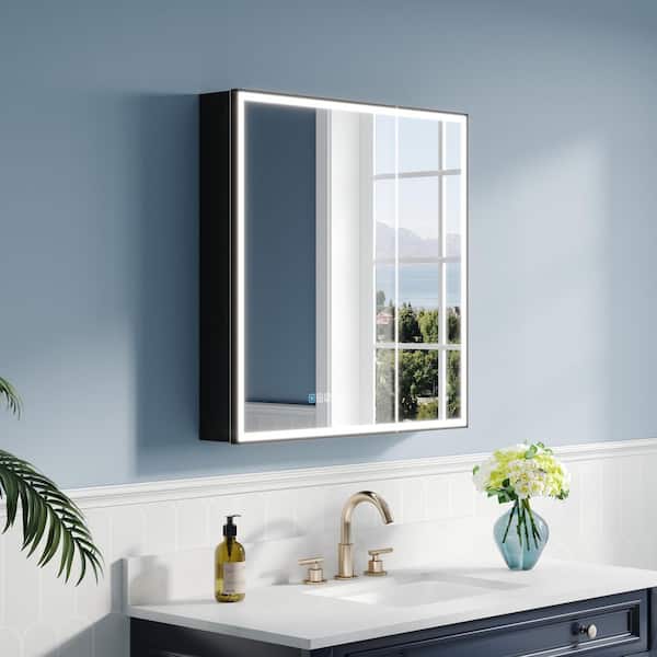 ANGELES HOME 30 in. W x 30 in. H Rectangular Black Aluminum Recessed/Surface Mount LED Medicine Cabinet with Mirror, Double Doors