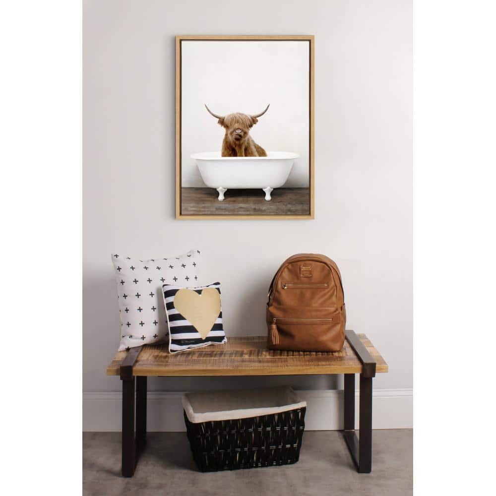 Whimsical Highland Cow in Tub Canvas Art with Natural Frame