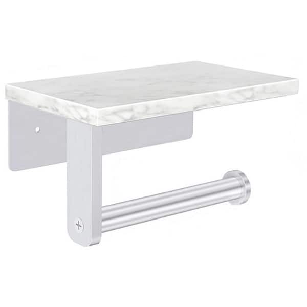 Wudkey Wall Mounted Toilet Paper Holder in Brushed Nickel with Natural Marble Shelf and Stainless Steel Screws for Bathroom
