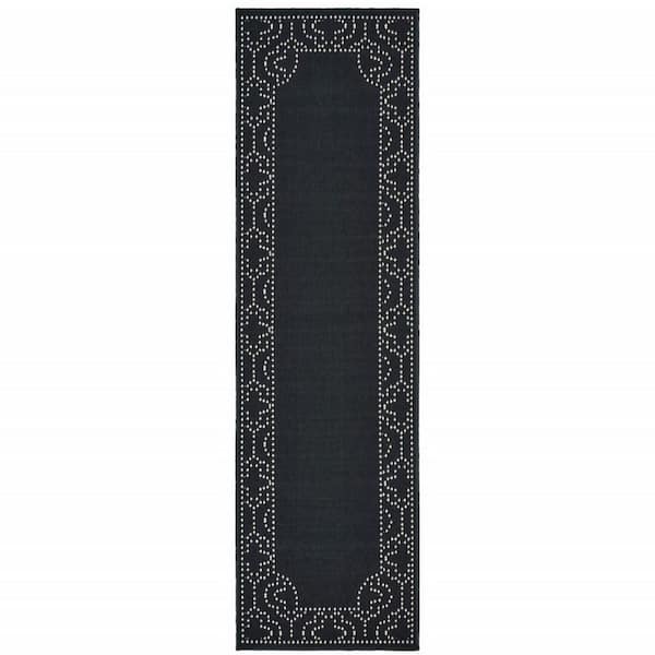 Black, Ivory 2 ft. x 8 ft. Loomed Border Polypropylene Rectangle Indoor/Outdoor Area Rug