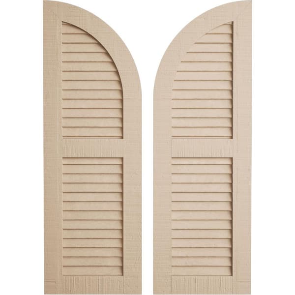 Ekena Millwork 12" x 66" Timberthane Polyurethane Rough Cedar 2-Equal Louvered Quarter Round Arch Top Faux Wood Shutters Pair in Primed