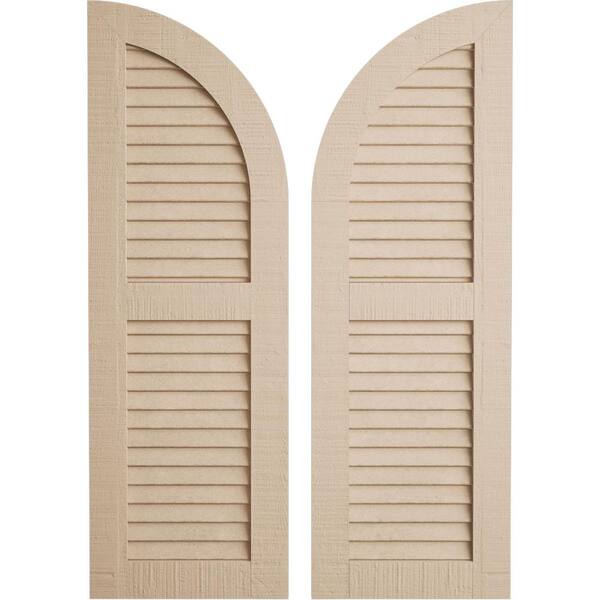 Ekena Millwork 18 x 38" Timberthane Polyurethane Rough Cedar 2-Equal Louvered Quarter Round Arch Top Faux Wood Shutters Pair in Primed
