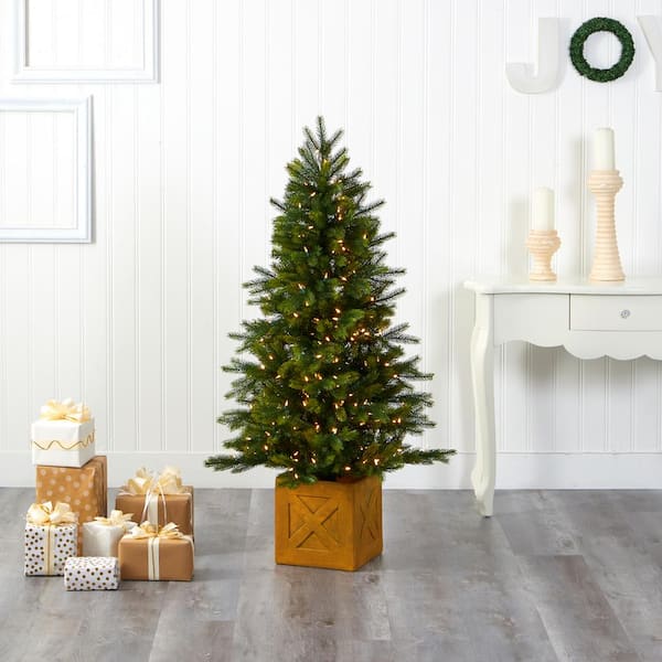 nearly natural 5 ft pre lit manchester fir artificial christmas tree in planter with 250 clear warm multi function led lights t1572 the home depot