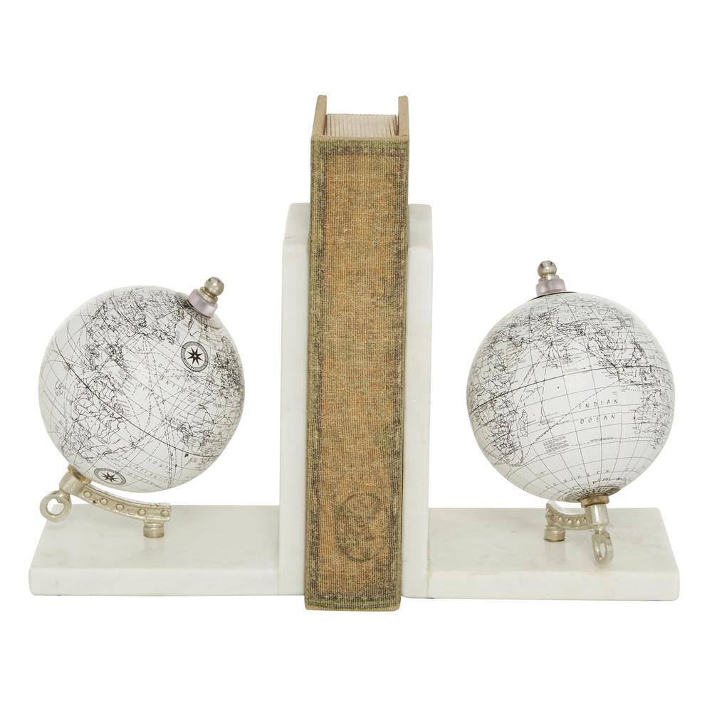 White Marble Globe Bookends with Silver Metal Accents, Set of 2
