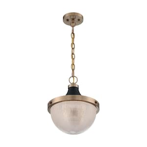 Faro 100-Watt 1-Light Burnished Brass with Black Shaded Pendant Light with Clear Prismatic Glass, No Bulbs Included