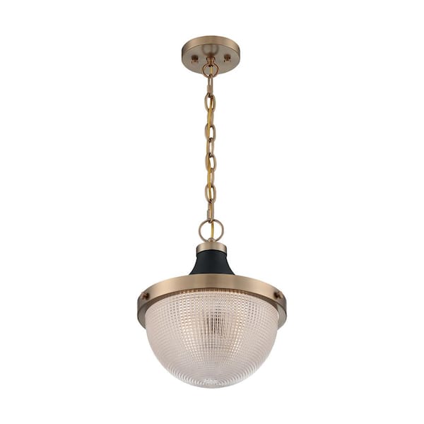 SATCO Faro 100-Watt 1-Light Burnished Brass with Black Shaded Pendant Light with Clear Prismatic Glass, No Bulbs Included