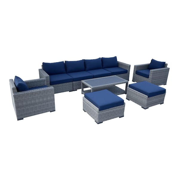 AndMakers Urban Oasis 9-Piece Wicker Rattan Outdoor Sectional Set with Blue Cushions and Coffee Table
