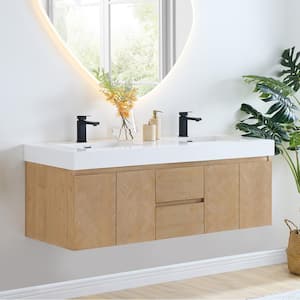 Siena 60 in. W Double Sink Floating Bath Vanity in Light Brown with White Stone Top