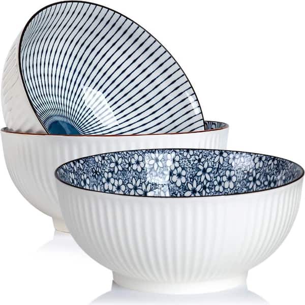 60 fl. oz. Blue and White Porcelain Soup Bowl Set of 3, Pho Bowls, Japanese Ramen Bowls, 3 Mixing Patterns