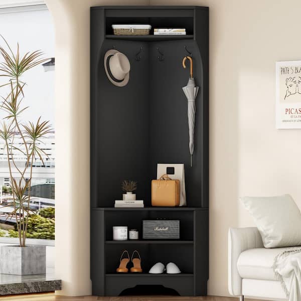 Eustace 29.50 in. W Black Wood 3-in-1 Entryway Hall Tree with Coat Rack, Shoe Bench, Corner Cabinet and Adjustable Shelf