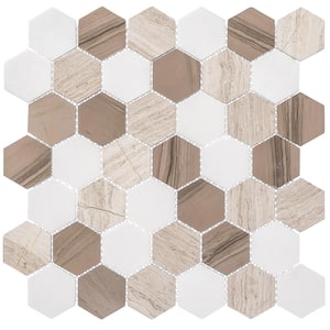 Channing Baskit Hex Matte Tan White 4.5 in. x 8.25 in. Geometric Natural Stone Mosaic Tile Sample