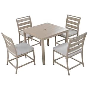 5-Piece Wood Outdoor Dining Table Set for Patio, Balcony with Beige Cushions, Gray