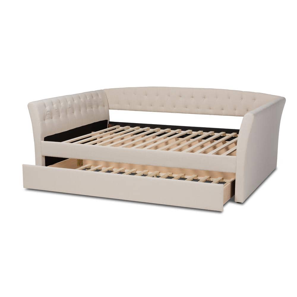 Beige Upholstered Full Daybed with Trundle and Tufted Design