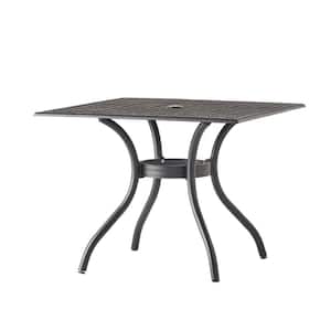 Black Outdoor Cast Aluminum Square Dining Table All-Weather for Backyard and Garden Conversation Deck with Umbrella Hole
