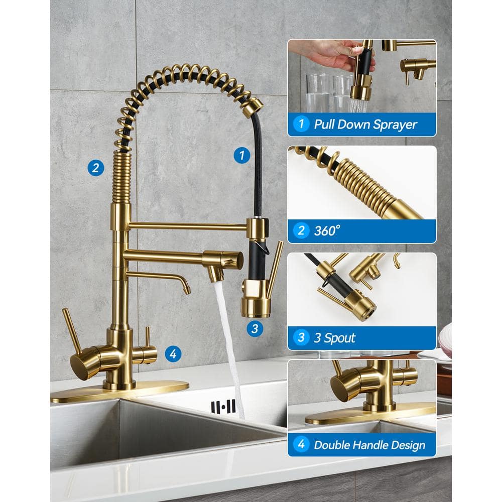 Brushed Gold Double Handle High-Arc Kitchen Faucet with Pull-out Spray