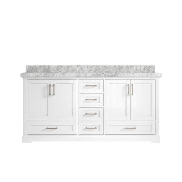 Willow Collections Boston 72 in. W x 22 in. D x 36 in. H Double Sink Bath Vanity in White with 2 in. Carrara Marble Top