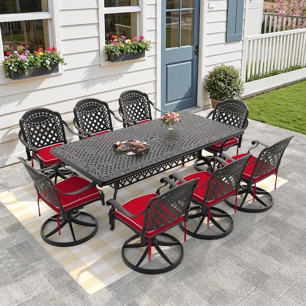 Vintage 9-Piece Cast Aluminum Patio Outdoor Dining Set with Rectangular Dining Table,8 Swivel Chairs and 8 Red Cushions