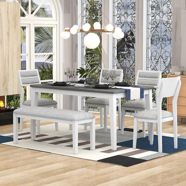 6-Piece Classic Gray Rectangle Wood Top Dining Set with 4 Dining Chairs and Bench