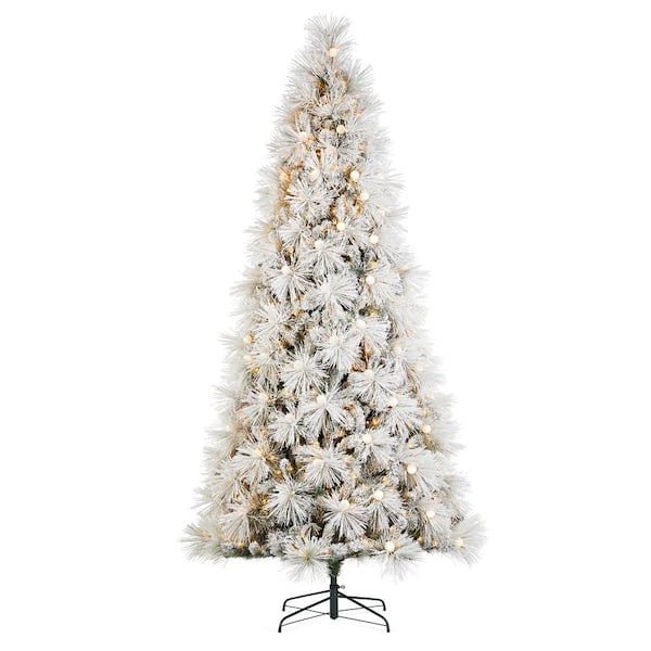 Glitzhome 9 ft. Pre-Lit Flocked Full Pine Artificial Christmas Tree with 800 G40 Warm White Globe LED Lights