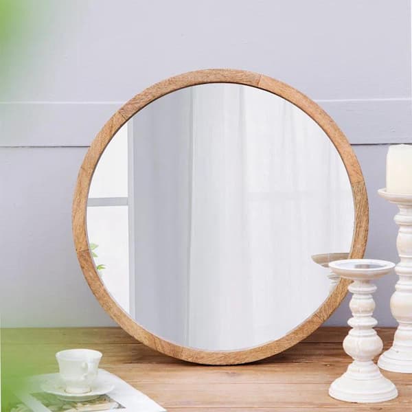 IDEAGLE 20 in. W x 20 in. H Round Wood Framed Natural Color Wall Mirror for Bathroom, Entryway Console Lean Against Wall